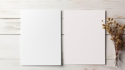 Poster - Two Blank Papers Displayed on Rustic Wooden Surface with Dried Flowers Creating an Aesthetic Flat Lay Mockup for Creative Presentations