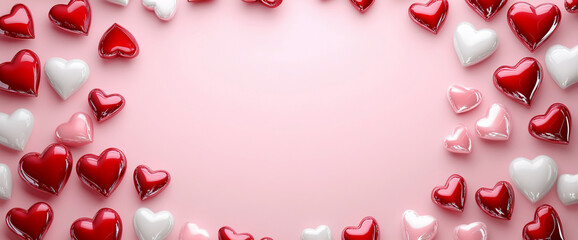 Poster - Red and white glossy hearts scattered across a soft pink background, symbolizing love and affection, perfect for Valentine's Day celebrations and romantic themes
