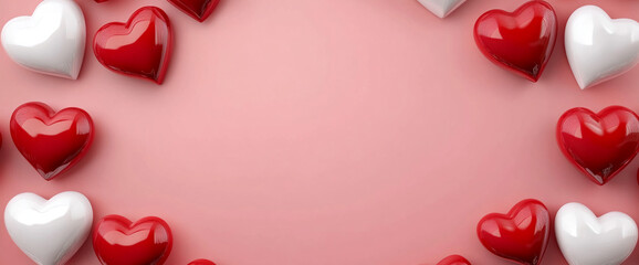 Poster - Glossy red and white hearts scattered around a soft pink background, symbolizing love and affection, ideal for Valentine's Day and romantic themes
