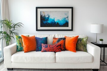 Wall Mural - A clean black frame hanging in a modern living room, white couch and vibrant pillows below it.