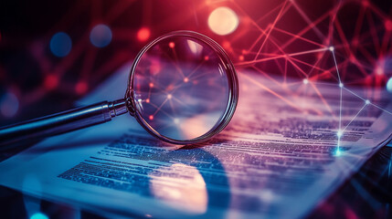 Poster - Magnifying Glass on Document Network Data Analysis Research Investigation Red Blue Cyber Modern     