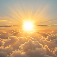 Poster - A golden sunrise above the clouds, with sun rays streaming through, symbolizing new beginnings, hope, and the beauty of nature
