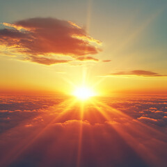 Poster - A stunning sunset above the clouds with sun rays shining through, representing peace, hope, and the beauty of nature at dusk