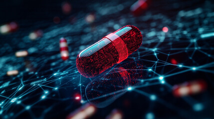 Poster - Digital Medicine Capsule Red Network Technology Science Futuristic Healthcare Innovation 3D Pill    