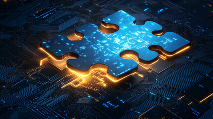 Poster - A glowing puzzle piece with a blue and orange glow embedded in a digital circuit board, representing the fusion of technology and problem-solving solutions.