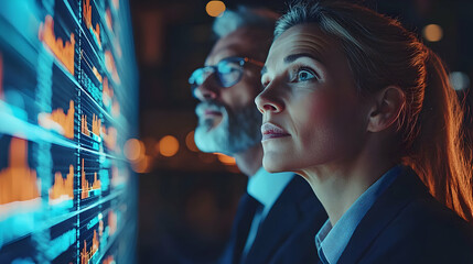 Poster - Professionals Analyzing Financial Data on a Screen in a Modern Office Environment