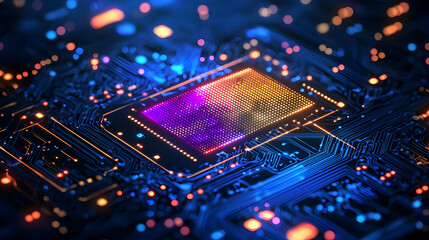 Poster - Vibrant Close-Up of a Microchip Surrounded by Colorful Circuitry and Lights