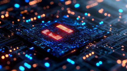 Poster - Close-up of a vibrant microchip illuminated by colorful lights on a circuit board