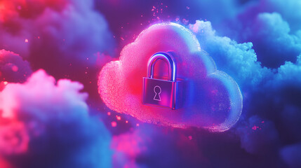 Poster - Cybersecurity Cloud Data Protection Digital Padlock Neon Pink Blue Safe Server Future Global System 
