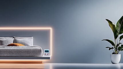 Sticker - Modern bedroom interior featuring a sleek bed design, soft lighting, and a decorative plant