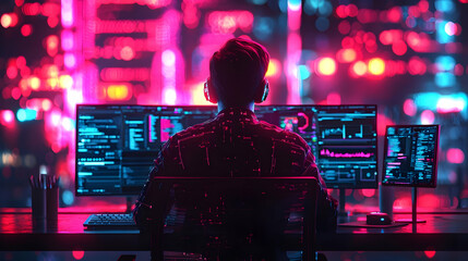 Poster - Person analyzing data on multiple screens in a vibrant, illuminated cityscape