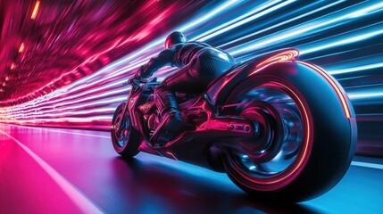 Poster - Motorcycle riding through a neon light tunnel in a futuristic urban environment