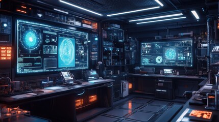 Poster - High-tech laboratory filled with multiple computers and holographic screens in a modern setting