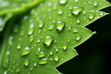 Poster - Macro close up of glistening water droplets on a vibrant green leaf, showcasing the beauty of nature after a refreshing rain