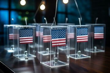 Miniature usa flags are placed inside transparent ballot boxes, representing the concept of elections in the united states