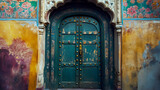 Ornate teal door in a vibrant painted building, architectural detail, historical building, vintage, India