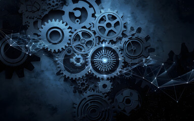 Poster - Cogs of Innovation: A mesmerizing abstract backdrop featuring intricate metallic gears and interconnected nodes, representing the complex interplay of technology, innovation, and progress.  
