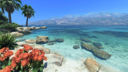 Poster - Tropical beach scene with mountains in the background