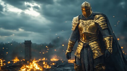 Warrior in gold armor standing on battlefield in front of fiery background