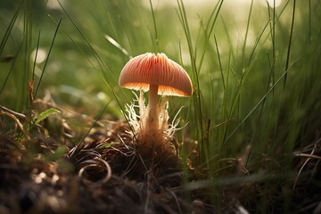Fototapete - Close up of a delicate pink mushroom thriving amidst blades of grass, illuminated by the warm glow of the setting sun