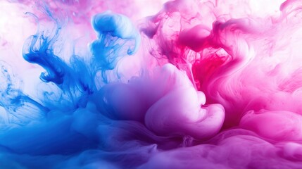 Poster - Dynamic abstract ink swirls in water creating pink and blue fluid patterns and textures