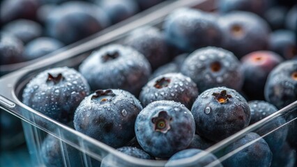 Wall Mural - Close up of fresh, ripe blueberries nestled in a plastic container, glistening with water droplets, showcasing their juicy and plump appearance