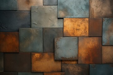 Poster - Decorative metal tiles showing a blend of copper and iron tones creating an industrial style wall