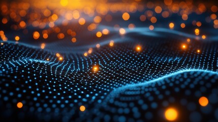 Poster - Close up view of computer screen displaying abstract glowing network connections in focus