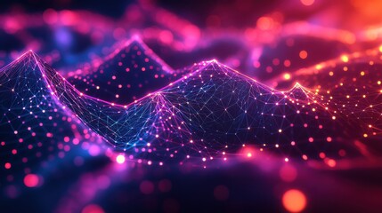 Poster - Colorful abstract background with geometric mesh and neon details in a network of dots