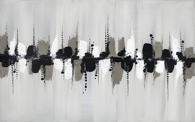 Poster - Monochromatic Rhythm: A captivating abstract painting in shades of gray, black, and white, featuring a dynamic horizontal line punctuated by rhythmic bursts of color.