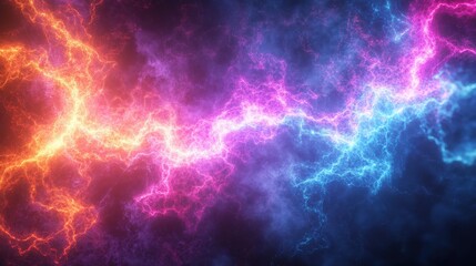 Poster - Colorful explosion of light and smoke creating neon fractal energy patterns in dark background