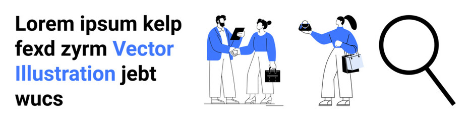 Poster - two professionals in discussion, one presenting data while holding a briefcase, accompanied by a mag