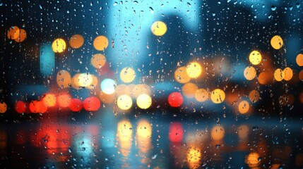 Poster - Blurred cityscape at night with bokeh lights and rain reflections creating a dynamic atmosphere