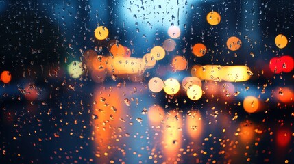 Poster - Blurred cityscape at night with bokeh lights and rain reflections creating a dynamic atmosphere