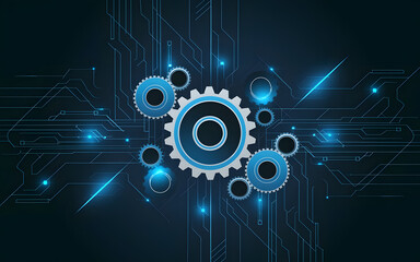 Poster - Precision Engineering: Abstract digital gears and circuit board design, glowing blue, dark background. Technology, innovation, mechanics, future, progress, system, network, digital, engineering.