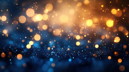Poster - Bokeh light reflections in deep blue and gold creating a mesmerizing abstract background