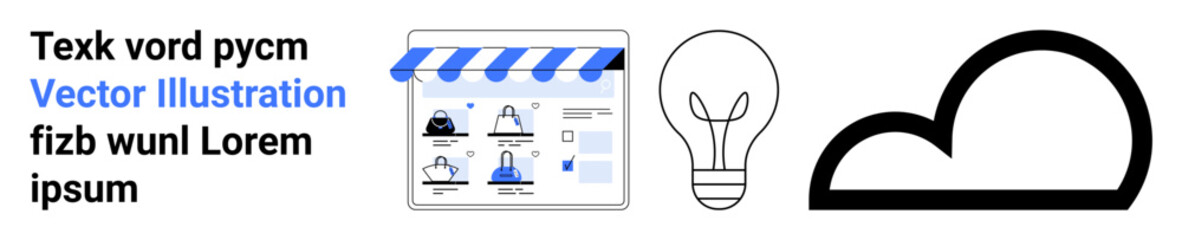 E-commerce platform interface with blue storefront header, product icons, lightbulb representing ideas, large black cloud. Ideal for online shopping, creativity, innovation, digital solutions, cloud