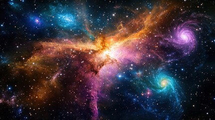 Poster - Cosmic deep space nebula with vivid swirling colors and galactic elements in the universe