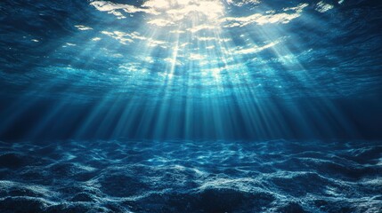 Poster - Deep blue ocean underwater scene with sunlight rays illuminating the ocean floor