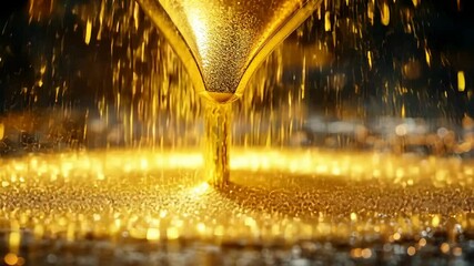 Poster - Golden liquid pouring from a funnel creating a shimmering cascade of sparkles in a darkened space