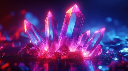 Poster - Pink and blue crystal stone on black background with geometric ai-generated patterns