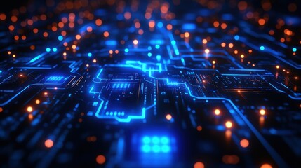 Poster - Close up of computer circuit with glowing cybernetic blue lights and pulsating patterns