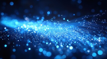 Poster - Glowing fiber optic strands on a blue background with small circles and abstract patterns