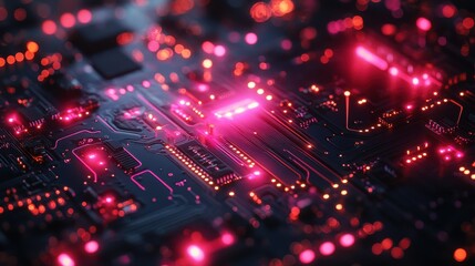 Poster - Close up of a circuit board with pink light and neon details in a high-tech setting
