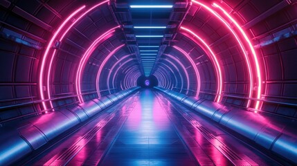 Poster - High-tech sci-fi tunnel illuminated by vibrant neon lights in a futuristic setting