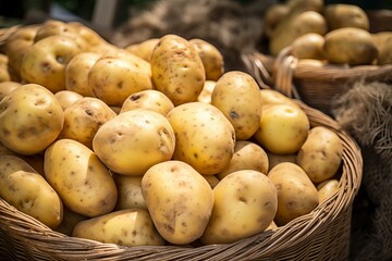 Wicker baskets overflowing with freshly harvested potatoes at a vibrant farmers market, celebrating local produce and healthy eating