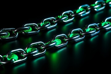 Fototapete - Two metallic chains glowing with green light creating a futuristic and technological atmosphere on a dark background