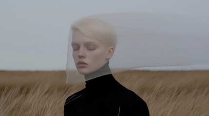 Poster - Transcendental portrait of model in a windswept field ethereal atmosphere fashion artistic perspective
