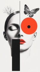 Poster - Artistic visual puzzle of a woman's face with nature elements and butterfly creative design studio conceptual