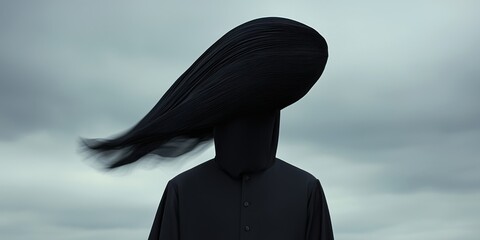 Poster - Ethereal figure with flowing hair open sky fashion shoot surreal environment wide angle visual metaphor